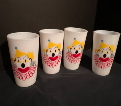 #ad Set of 4 Vintage 1950s Mid Century Modern Hazel Atlas Milk Glass Clown Tumblers $64.95
