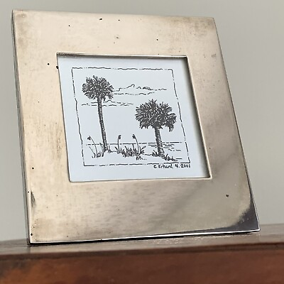 #ad Small Art Pen and Ink Palm Tree Beach Sketch Picture silver plated Frame $29.95