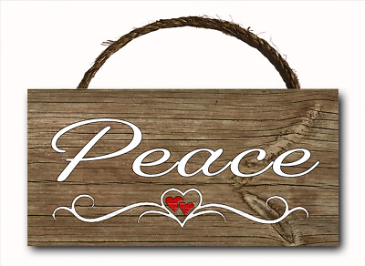 #ad Peace Word Script Heart Hanging Wood Plaque Wall Sign Rustic Room Decor 12x6 $14.99