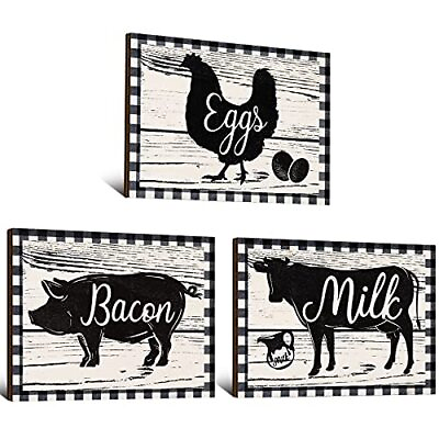 #ad 3 Pcs Rustic Farmhouse Animal Kitchen Decors Wooden Signs Country Wall Decor $15.37