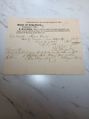 #ad Antique 1834 State of New York REDEMPTION OF LANDS SOLD Certificate W Signatures $24.99