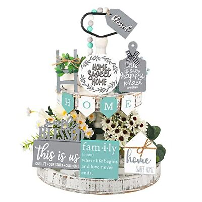 #ad 11 Pcs Farmhouse Tiered Tray Decor Home Wood Sign Rustic Home Sweet Minimalist $30.74