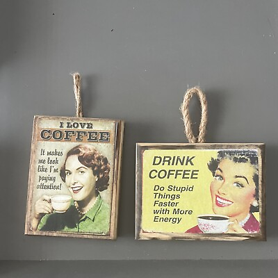 #ad Drink Coffee amp; I Love Coffee Set Wooden Wall Decor Kitchen Plaques Hangings EUC $6.00