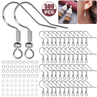 #ad 500Pcs 925 Silver DIY Earring Hooks Jewelry Beads Ear Wires Making Findings Kit $8.98