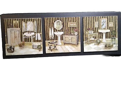 #ad A 3 Panel Vintage Baths Print on Wood Wall Art Home Office Bathroom Decor 8x21 $28.99