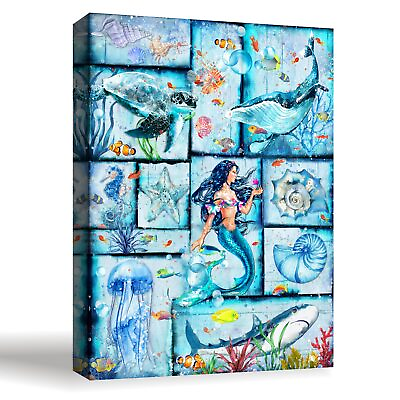 #ad #ad Bathroom Wall Art Blue Ocean Canvas Wall Decor Sea Turtle Mermaid Paintings f... $23.97