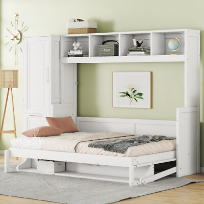 #ad Twin Full Size Murphy Wall Bed with Storage Drawer Closet Solid Wood Cabinet Bed $1489.99