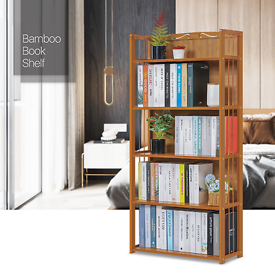 #ad 28quot;Natural Bamboo ENCLOSED BACK 5 Tier Freestanding Bookcase Home Display Case $61.99