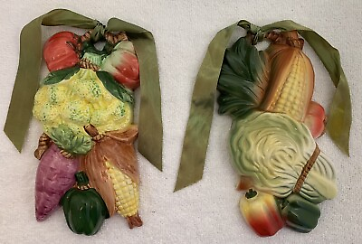 #ad Kitchen wall art Vintage Art Deco Ceramic mixed Vegetable Wall Hangings set of 2 $29.00