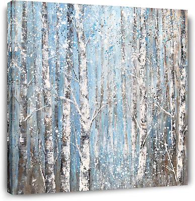 #ad #ad Birch Tree Canvas Wall Art Hand Painted Modern Elegant Forest Pictures Blue Artw $61.25