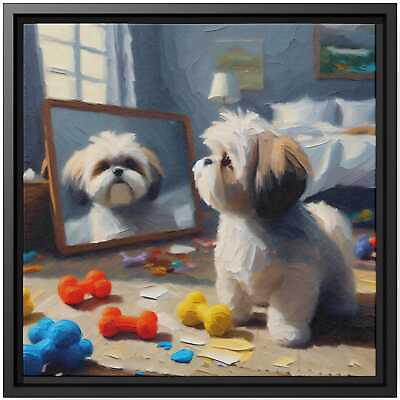 #ad Wall Art Decor Canvas Print Dog Portrait Shih Tzu Mirror Puzzled Morning Bedroom $48.45