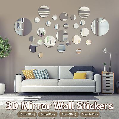 26X Removable 3D Mirror Wall Stickers Circle Decal Art Mural Home Room DIY Decor $8.48