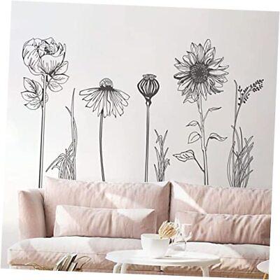 #ad Black Simple Flower Plants Wall Stickers Large Boho Floral Modern Wall Decal $24.14