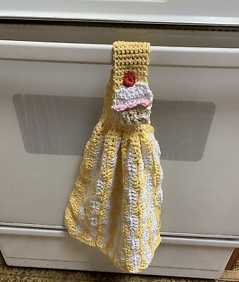#ad Cup Cake Yellow and White Wave Kitchen Towel New Hanging New Handmade Crochet $19.99