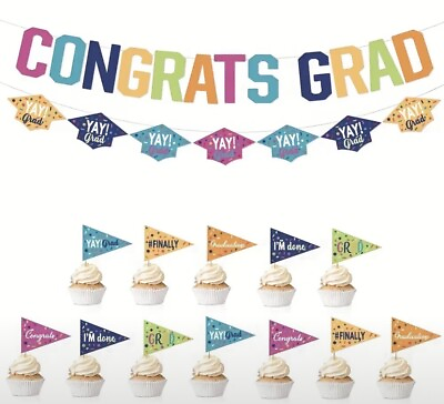 #ad #ad Graduation Decor 2 Banners and 12 Cupcake Picks Grad Hat Party Decoration 14p $9.99