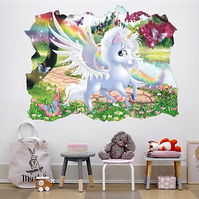 #ad Unicorn Wall Decal Pony Wall Sticker Rainbow Princess Wallpaper Vinyl $69.95