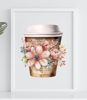 #ad Coffee Wall Art Print Floral Coffee Cup Coffee Print Home Decor $9.99