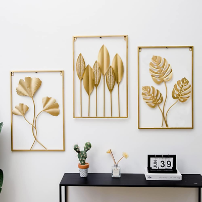 #ad 3 Pack Gold Metal Wall Art for Living Room Large Leaf Frame Accent... $101.94