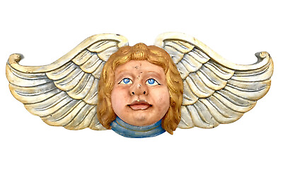 #ad Angel Hand Carved and Painted Wood Cherub Wall Mount Vintage Decor $335.00