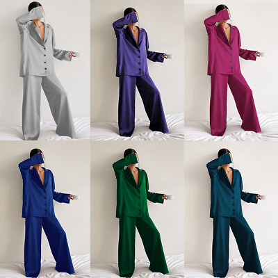 #ad Women Silk Satin Home Wear Long Sleeve Sleepwear Pajamas Set Nightwear Oversized $22.89