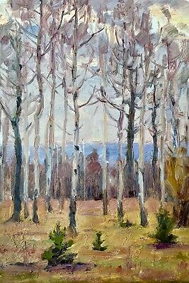 #ad Original Painting Vintage Home Decor Wall Art Nature Artwork Forest Birch Grove $170.00