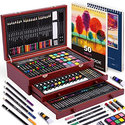 #ad #ad 175 Piece Deluxe Art Set with 2 Drawing Pads Professional Wooden Case Art Kit $49.35