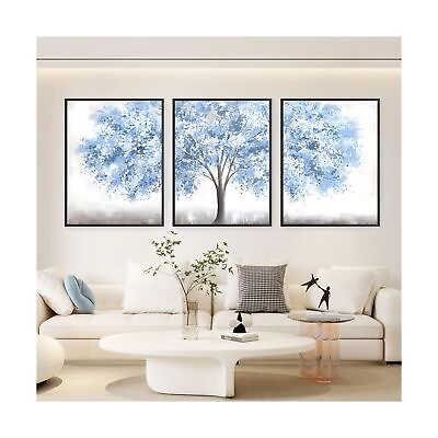 #ad Boho Wall Art Set of 3 Framed Canvas Large Wall Art Blue Big Tree Nature Ill... $180.01