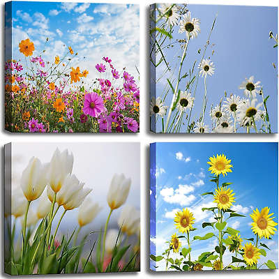 #ad Colorful Floral Canvas Wall Art for Bathroom Decor YellowPurple and White Flow $107.91