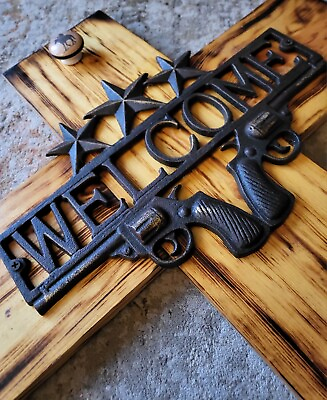 #ad Handcrafted Cast Iron WELCOME Rustic Wooden Wall Cross Hangs $30.00