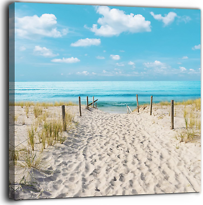 #ad Beach Scene Bathroom Wall Art Beach Path Artwork Framed Blue Sea Seascape Canvas $27.49
