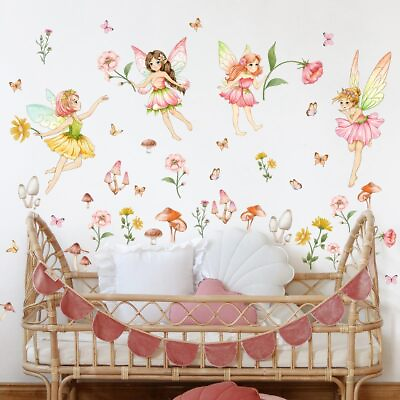 #ad Flower Fairy Wall Decal Woodland Mushroom Wall Decals Butterfly Girl Wall Stic $26.06