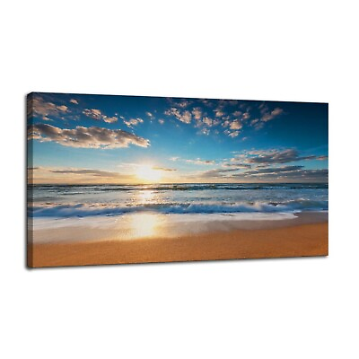 #ad #ad roaux Large Beach Wall Art Canvas Sunrise Ocean Painting Wave Picture Seascap... $63.59