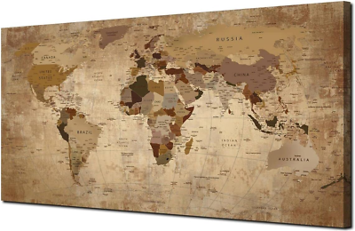 #ad World Map Canvas Wall Art Retro Beige Abstract Painting Vintage Old Nautical Pic $70.99