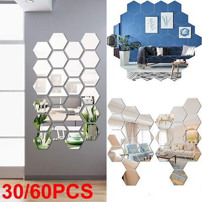 #ad 3D Hexagon Mirror Tiles Wall Stickers Self Adhesive Stick On Art Home Decor $7.86
