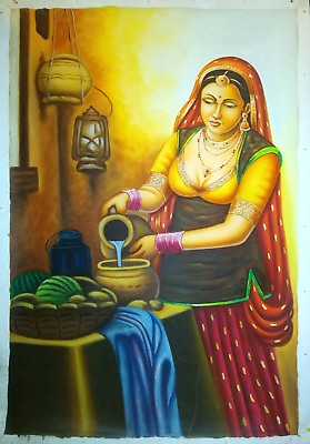 #ad Rajasthani Villager Lady Portrait In Kitchen Theme Handmade Art On Canvas $224.99