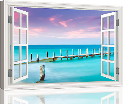 #ad Beach Wall Art Picture for Living Room Coastal Ocean Blue Sea Landscape Painting $61.39