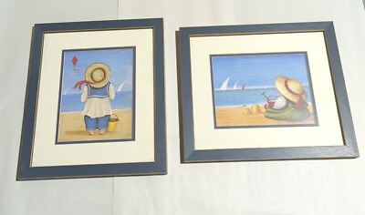 #ad BEACH OCEAN WALL ART FRAMED PICTURE CHILD KIDS ROOM HOME NAUTICAL DECOR SET 2 $10.49