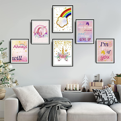 #ad 6 Pcs Unicorn Rainbow Motivational Wall Art Canvas Wall Decor Posters for Girls $19.55
