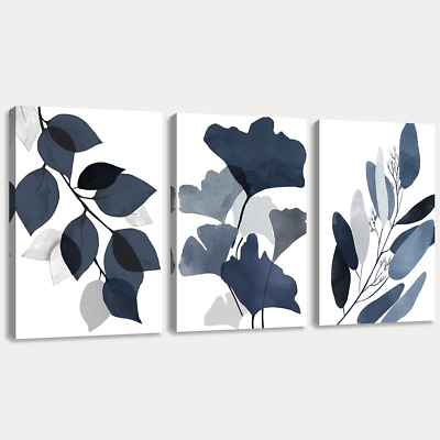 #ad #ad Living Room Decor Wall Art Modern Simple Plants Leaf Painting Navy Blue and Gr $44.99