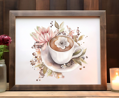 #ad #ad Coffee Wall Art Print Coffee Cup and Flowers Coffee Decor Kitchen Wall Decor $9.99