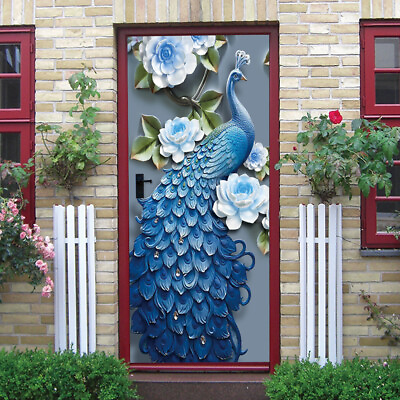 #ad 3D Peacock Blue Self Adhesive Bedroom Wallpaper Door Murals Wall Stickers Decals $26.99