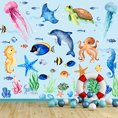 #ad 4 Sheets Ocean Fish Wall Decals Stickers under the Sea Wall Decal Stickers Remov $16.65