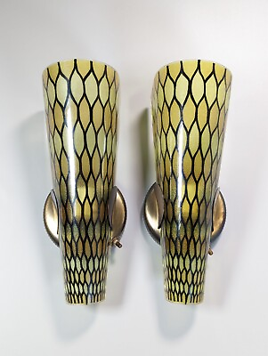 #ad Vintage Mid Century Modern Sconce Wall Lamps Pair Honeycomb Glass Slip Shade Vtg $599.99