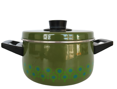 #ad Vtg avocado green enamel over metal lidded sauce pot w blue amp; green pattern $39.99