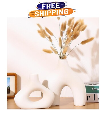 #ad Donut Vase White Vases for Flowers Ceramic Vase Set of 2 Modern Vase for Home $21.77