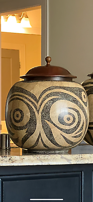 #ad Vintage Theodore Alexander Tribal Ceramic Vase w Wood Lid $250.00