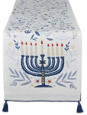 #ad Chanukah Peace Menorah Table Runner Matching Kitchen Towel Blue amp; White $22.95
