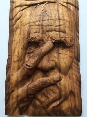 #ad Old man spirit face wood carved sculpture figurine wall decor hanging art $39.50