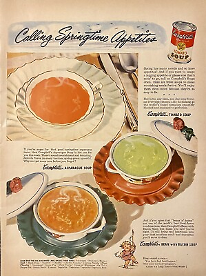 #ad Vtg Print Ad 1944 Campbell#x27;s Bean with Bacon Soup Retro Kitchen Wall Art Decor $9.60